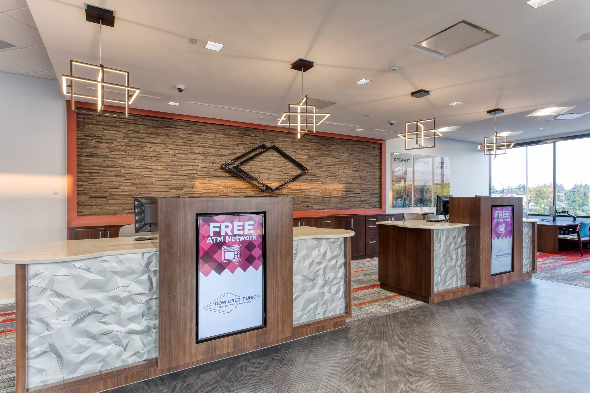 Teller pods with branded messaging