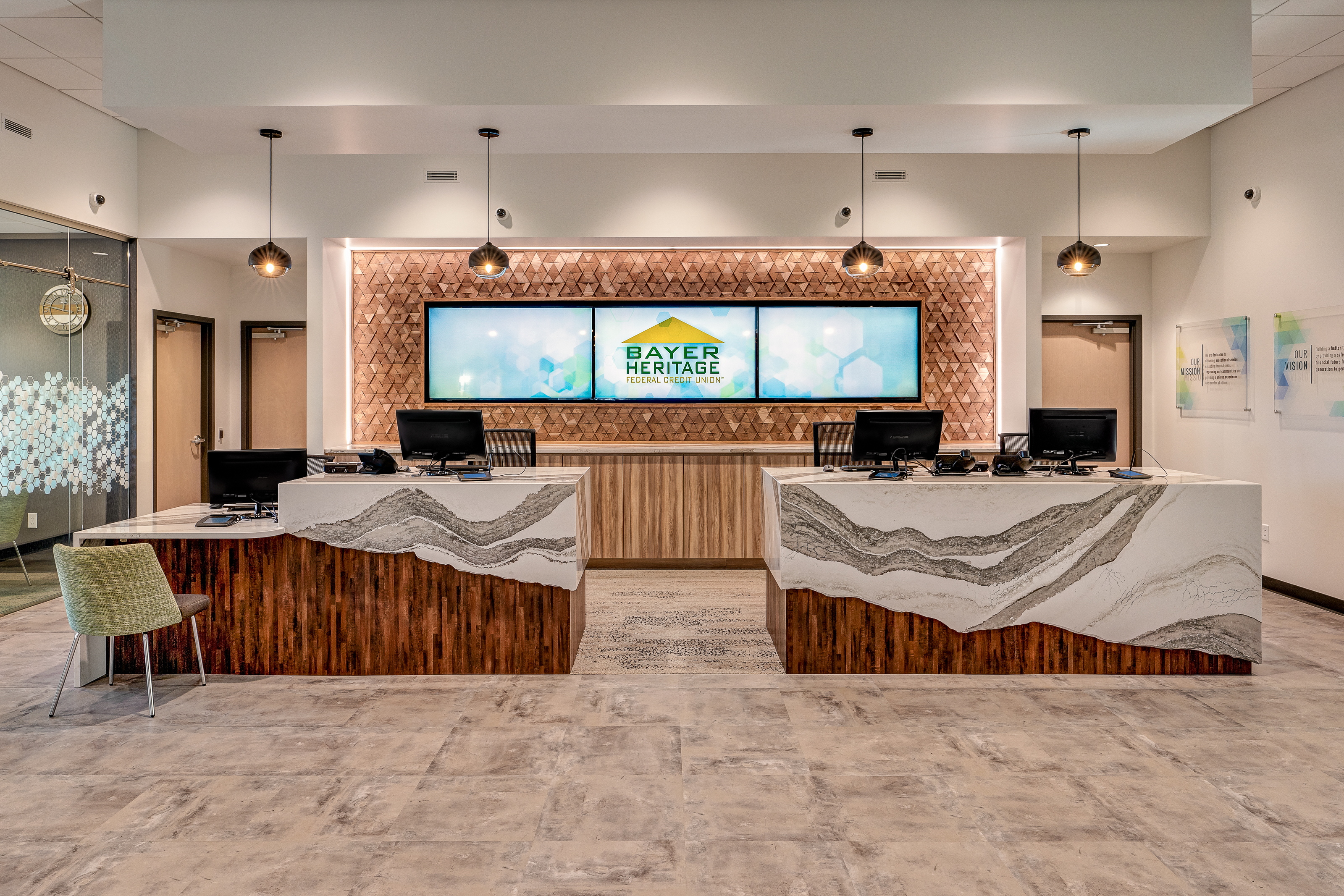 LED Welcome Wall and teller pods in a credit union